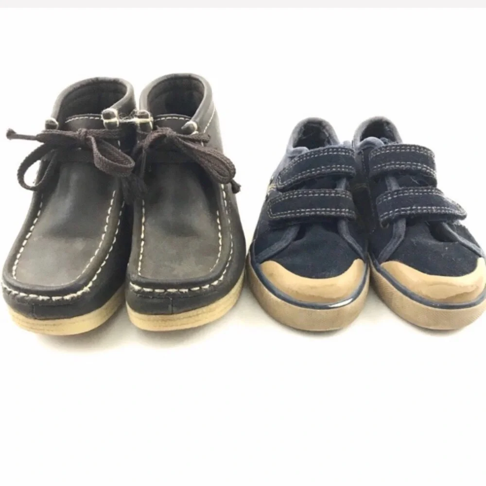 Brown Leather Boots & Blue Leather Velcro Shoe Boys 9 9.5